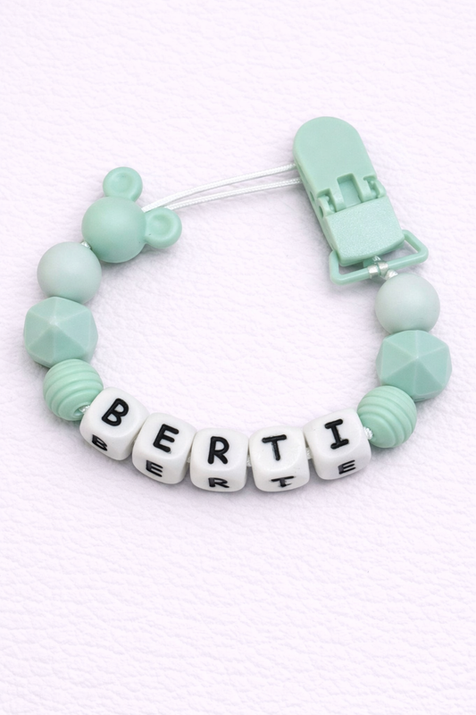 Personalised dummy clip in mint green with mouse topper beads