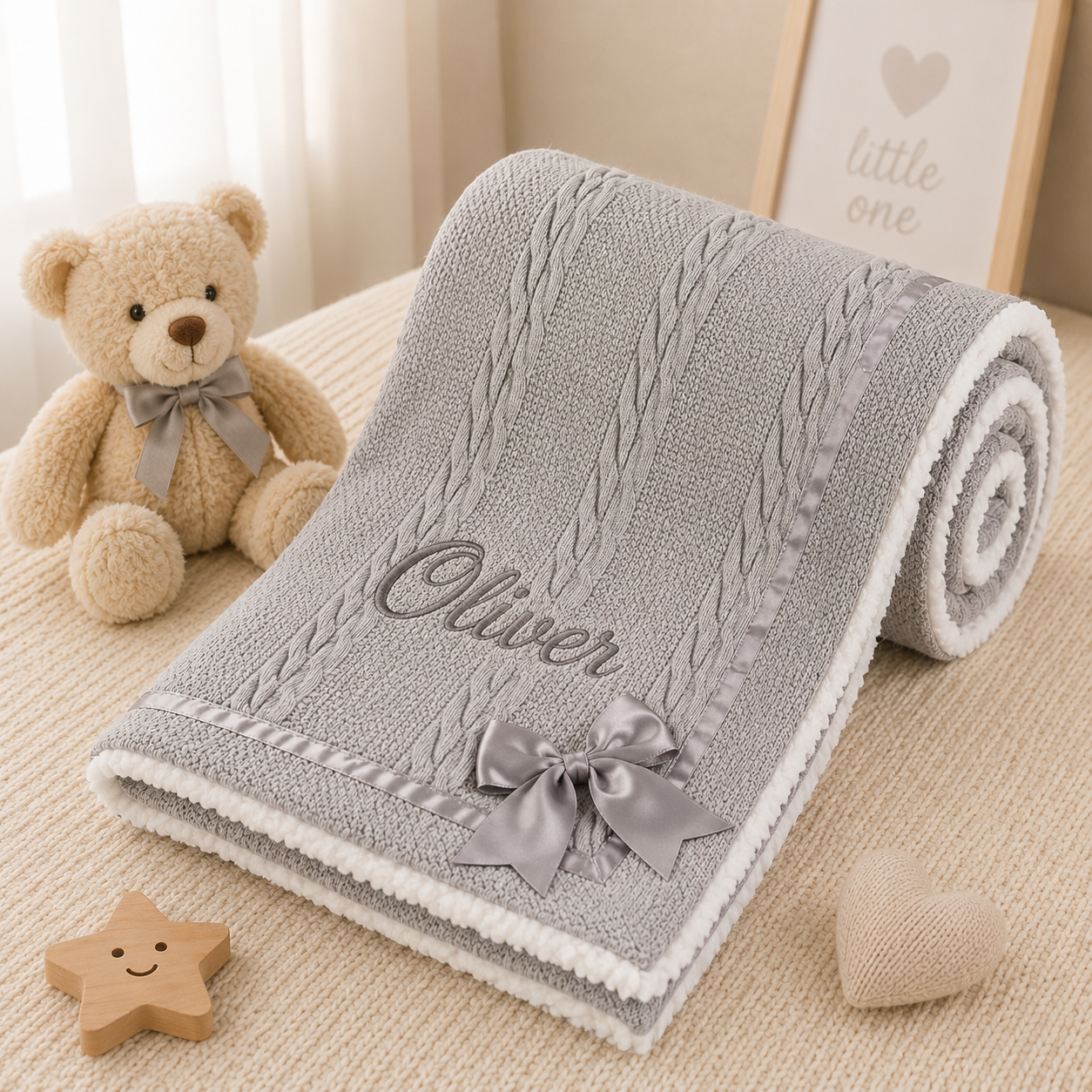 Gray baby blanket with 'Oliver' embroidery, teddy bear, and wooden star toy on beige surface.