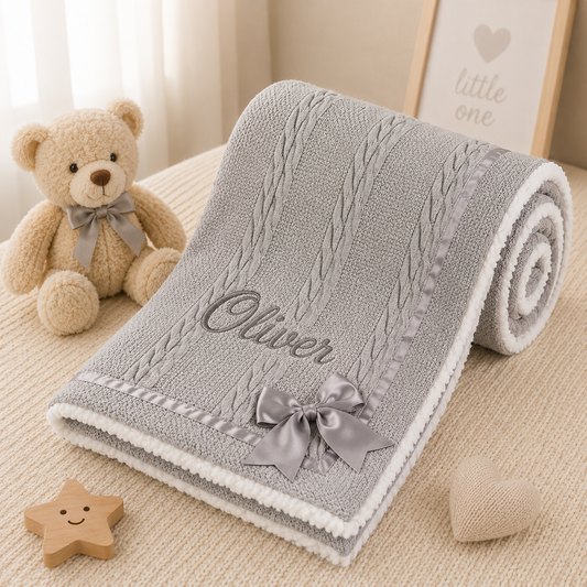 Gray baby blanket with 'Oliver' embroidery, teddy bear, and wooden star toy on beige surface.