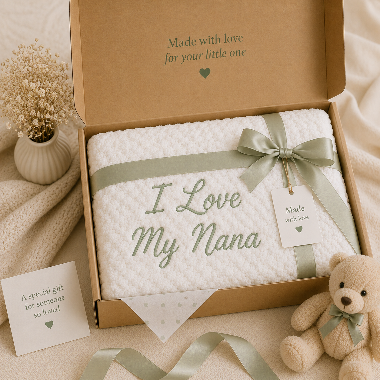 Luxury gift-ready presentation featuring a personalised white bubble blanket embroidered with "I Love My Nana" in sage green, wrapped with a satin ribbon inside a premium gift box. Perfect for baby showers, newborn gifts and keepsakes.
