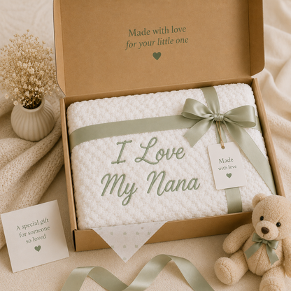Luxury gift-ready presentation featuring a personalised white bubble blanket embroidered with "I Love My Nana" in sage green, wrapped with a satin ribbon inside a premium gift box. Perfect for baby showers, newborn gifts and keepsakes.