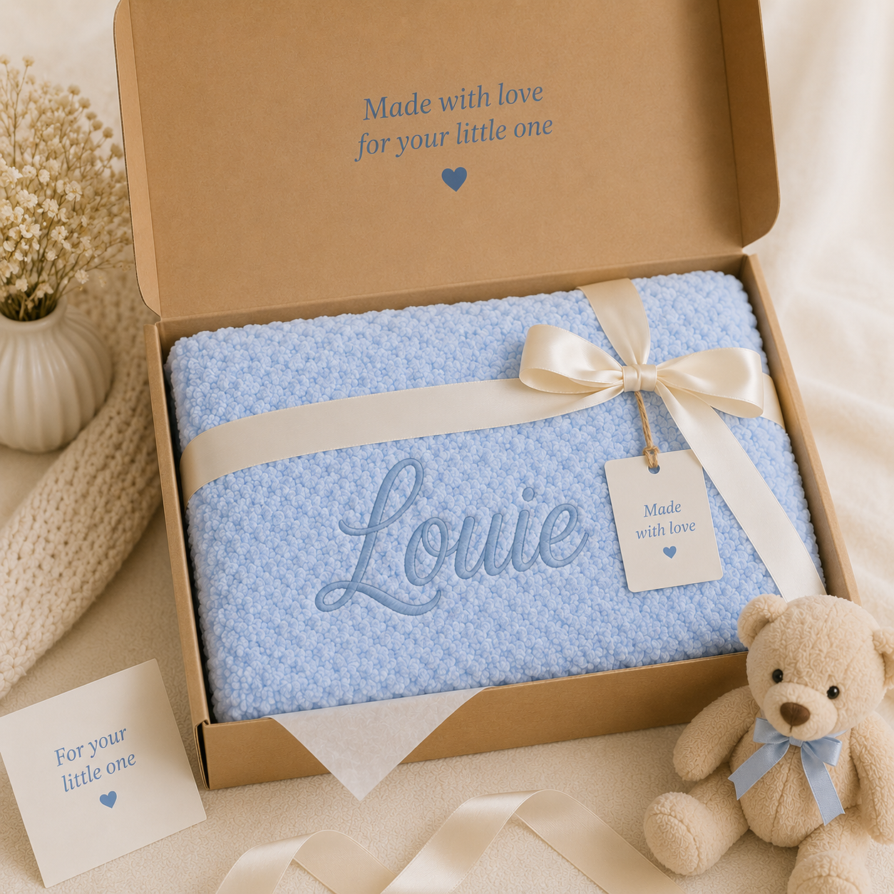 A light blue textured blanket with the name 'Louie' embroidered in blue script, presented in an open kraft gift box with a cream ribbon and tag. A small teddy bear and dried flowers decorate the scene on a soft beige fabric background.