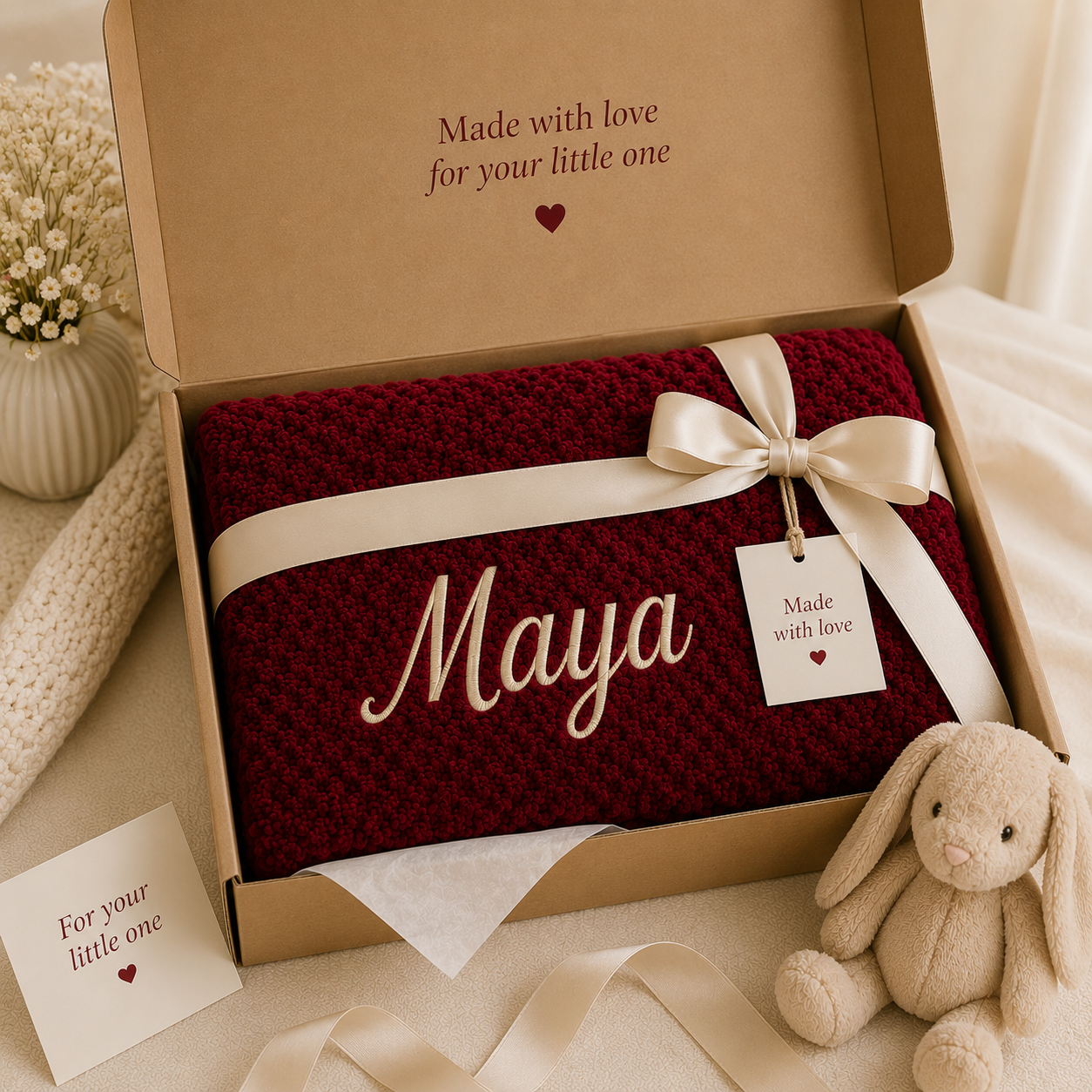 Luxury gift-ready presentation featuring a personalised Burgundy bubble blanket embroidered with "Maya" in Gold, wrapped with a satin ribbon inside a premium gift box. Perfect for baby showers, newborn gifts and keepsakes.
