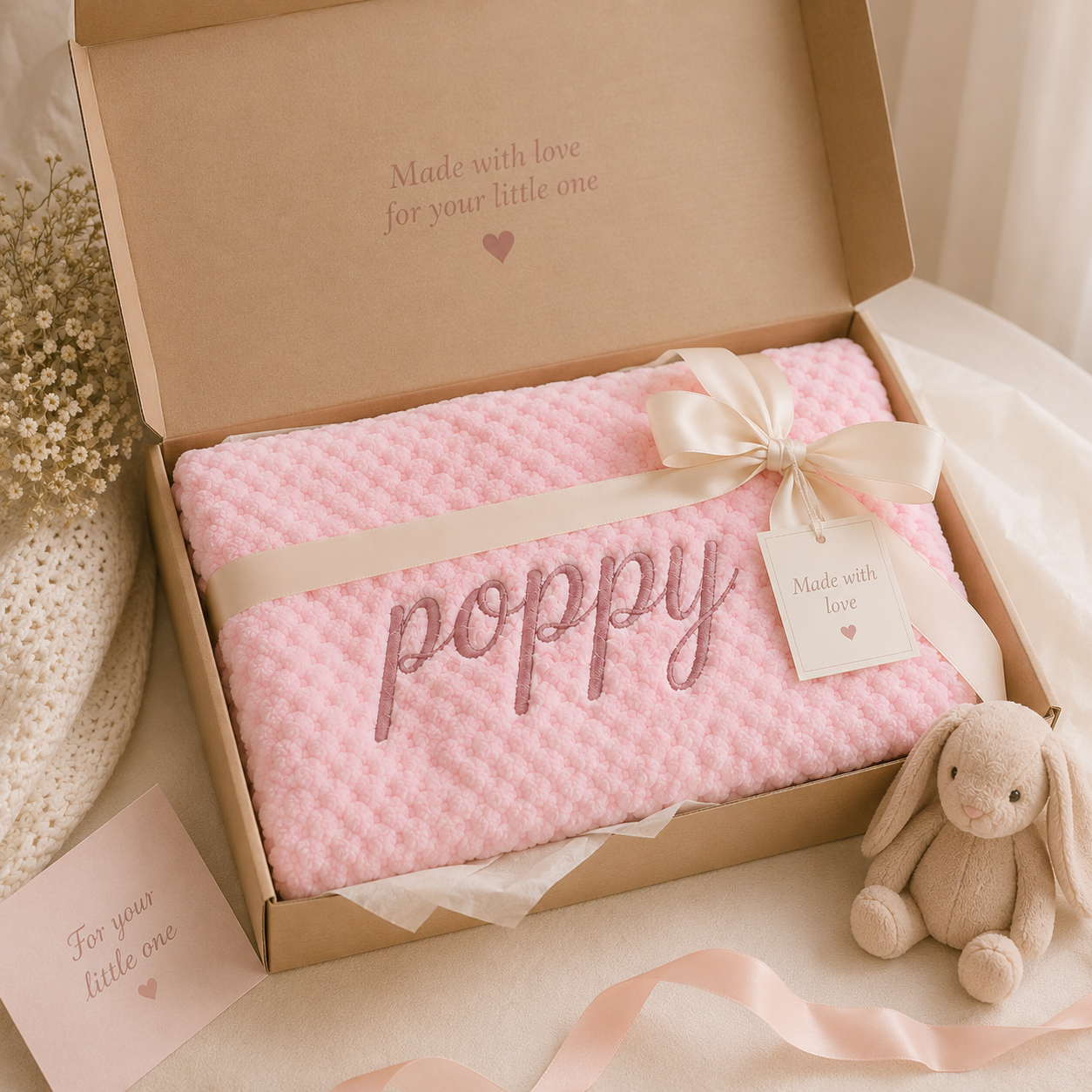 A pink textured blanket with the name 'poppy' embroidered in rose-gold script, presented in a brown kraft gift box with a cream ribbon and bow. The box lid reads 'Made with love for your little one', and the scene is styled with a small plush bunny, a card, and soft decorative props.