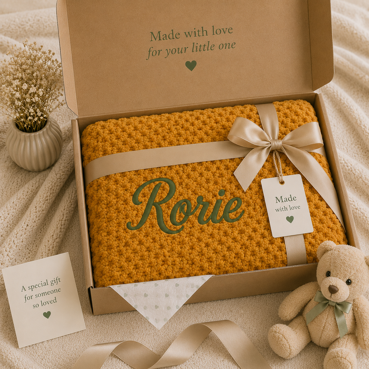 Luxury gift-ready presentation featuring a personalised mustard bubble blanket embroidered with "Rorie" in emerald green, wrapped with a satin ribbon inside a premium gift box. Perfect for baby showers, newborn gifts and keepsakes.