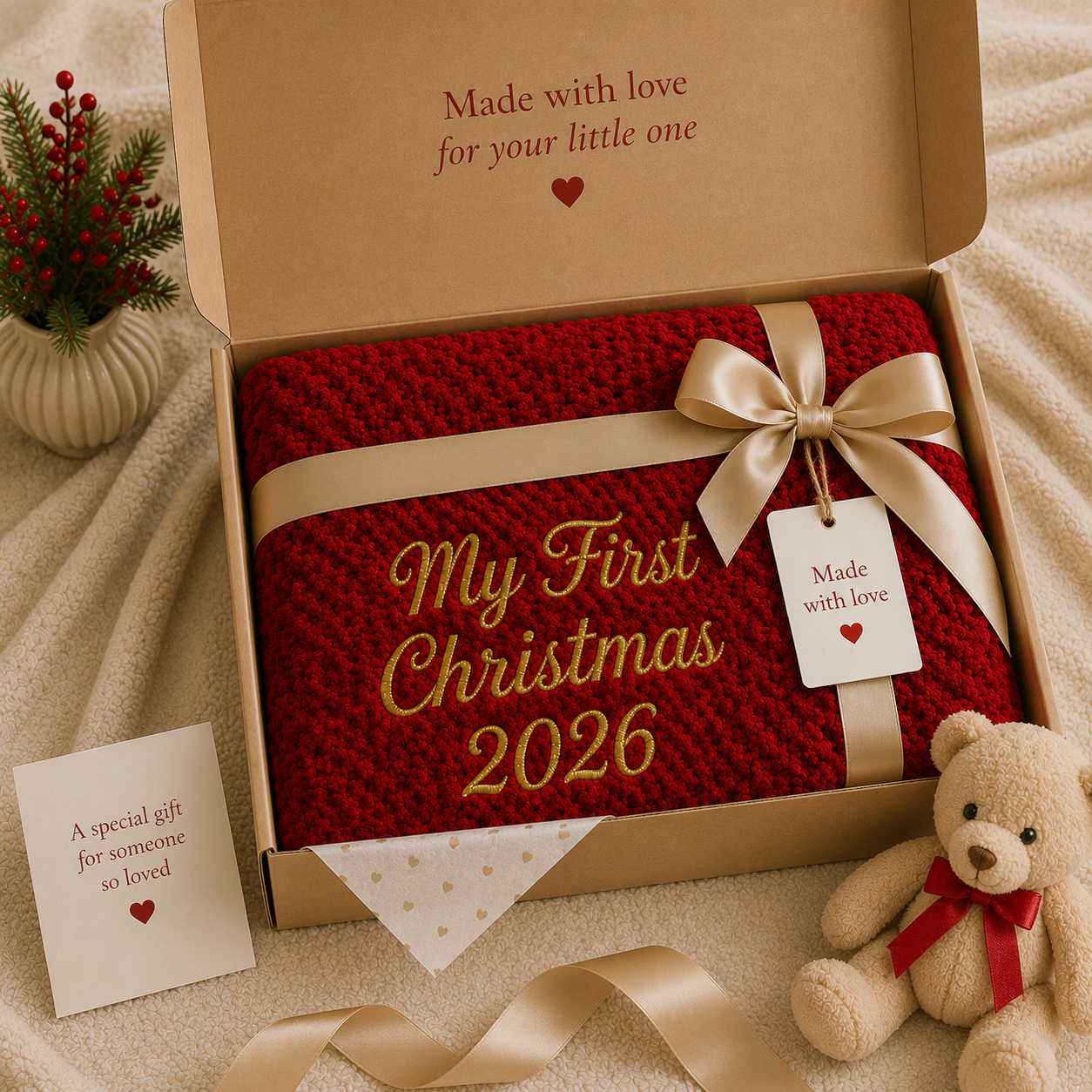 Luxury gift-ready presentation featuring a personalised red bubble blanket embroidered with "my first christmas" in gold, wrapped with a satin ribbon inside a premium gift box. Perfect for baby showers, newborn gifts and keepsakes.
