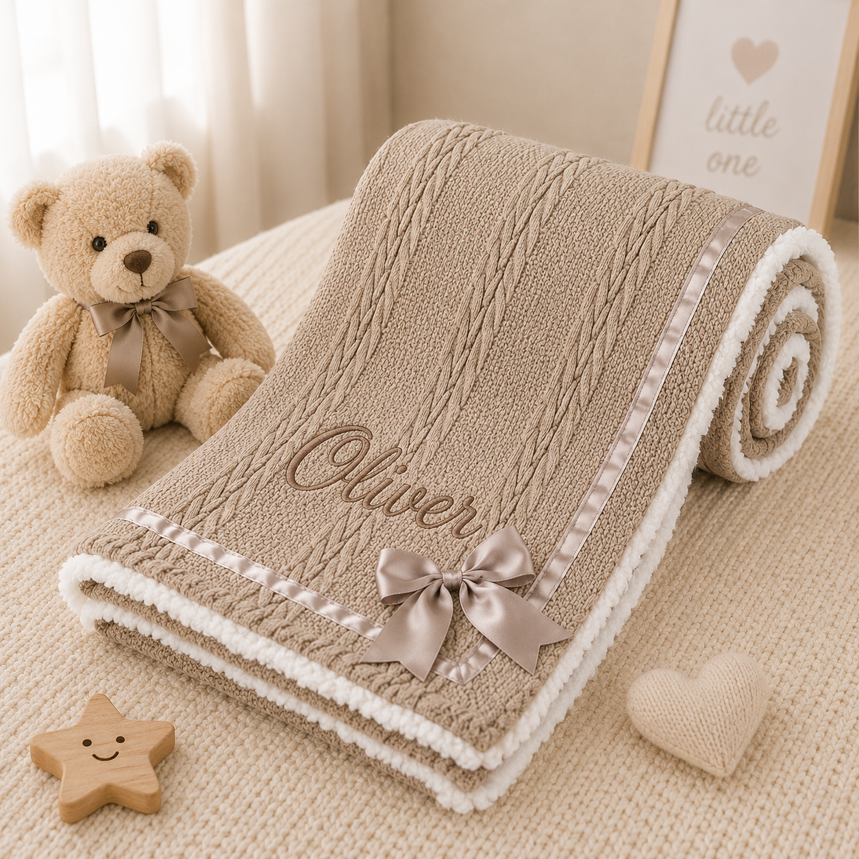 Beige baby blanket with 'Oliver' embroidery, teddy bear, and wooden toys on a neutral background