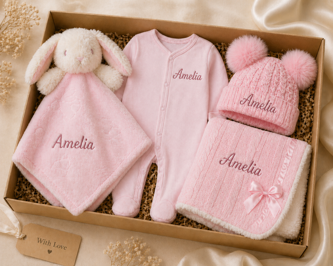 Baby gift set with pink outfit, hat, blanket, and plush toy in a box, personalized with 'Amelia'.