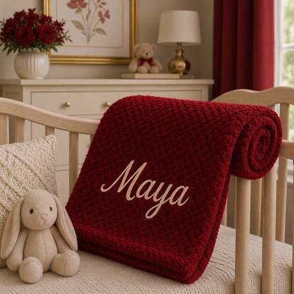 Red blanket with 'Maya' embroidered on a crib in a nursery setting.