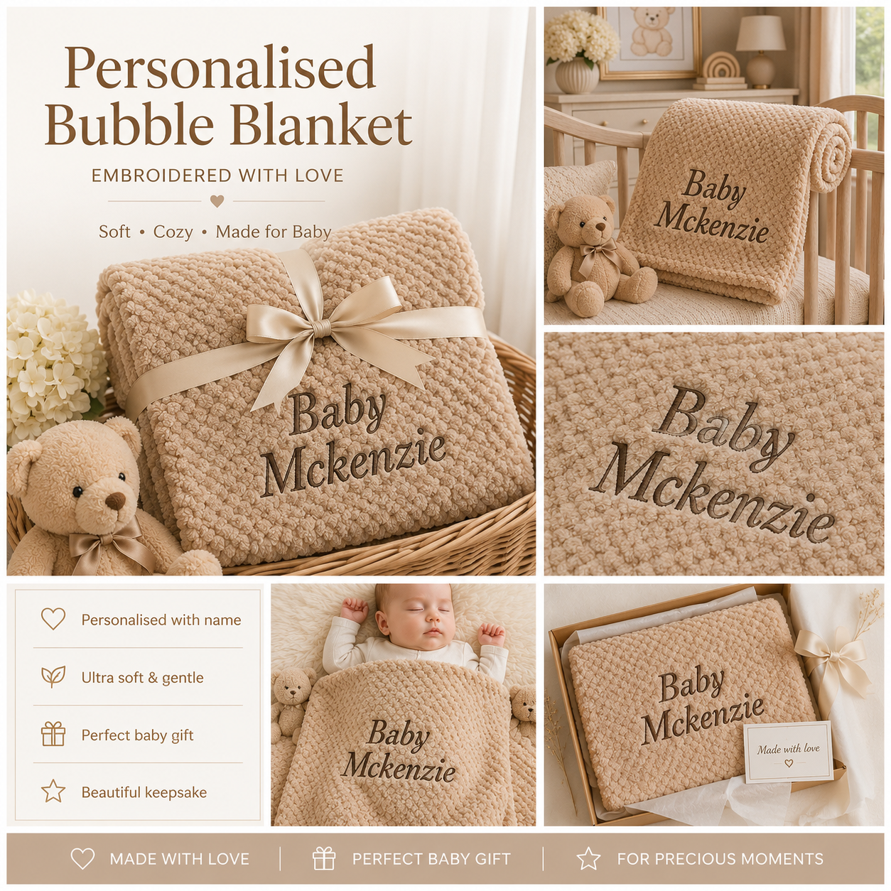 A collage showing a personalized knit bubble blanket in a warm beige/tan color with embroidered text reading 'Baby Mckenzie.' The image includes the product wrapped with a ribbon, the blanket close-up, a baby lying in a crib with the blanket, and the blanket presented in a gift box.