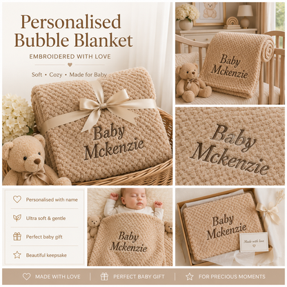 A collage showing a personalized knit bubble blanket in a warm beige/tan color with embroidered text reading 'Baby Mckenzie.' The image includes the product wrapped with a ribbon, the blanket close-up, a baby lying in a crib with the blanket, and the blanket presented in a gift box.