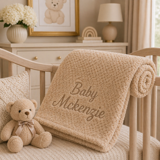 Beige textured blanket with 'Baby Mckenzie' embroidery on a crib, accompanied by a teddy bear.