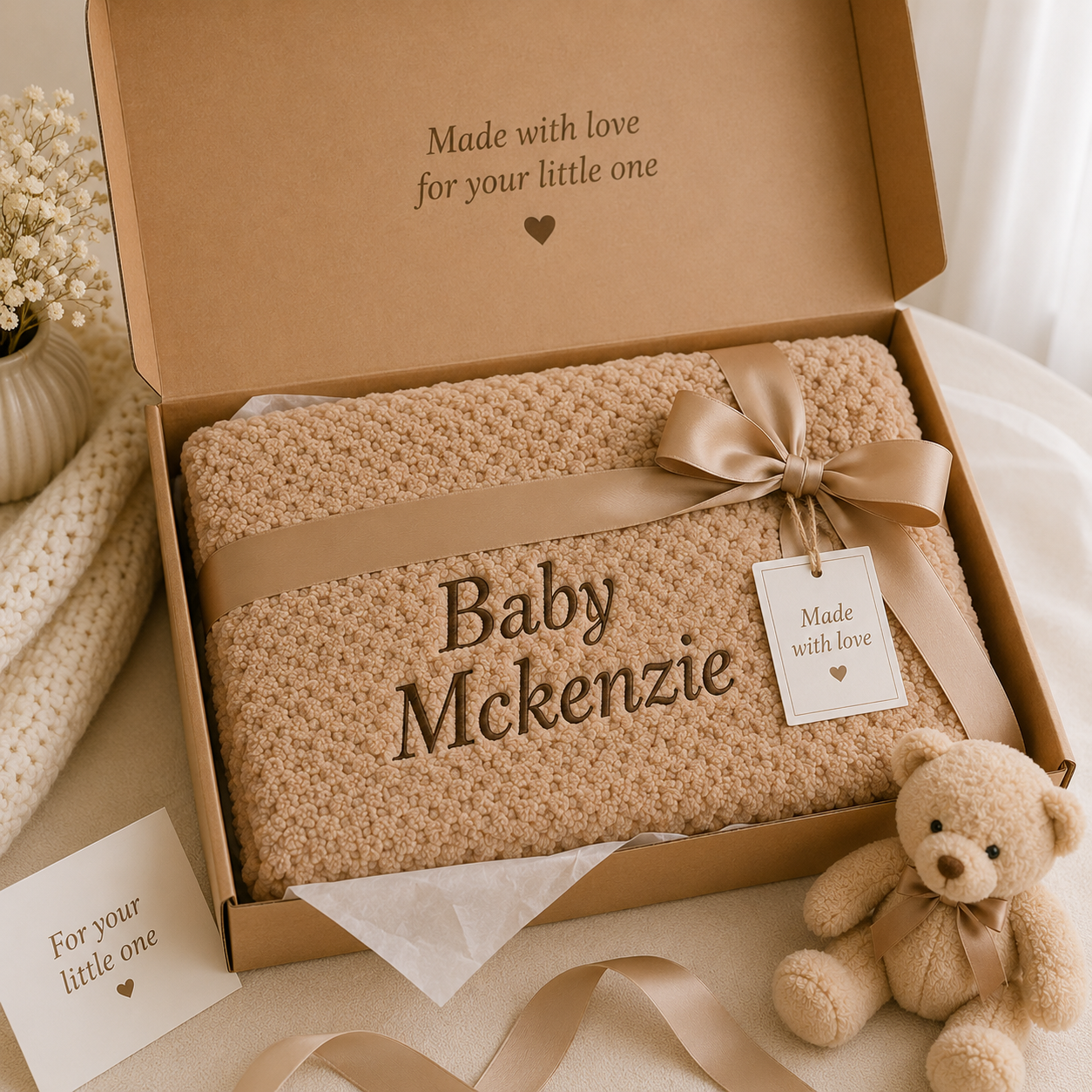 A personalized baby blanket in a textured tan knit, presented inside a brown cardboard gift box with a satin ribbon and bow. The blanket is personalized with the name 'Baby McKenzie' in dark brown embroidery.