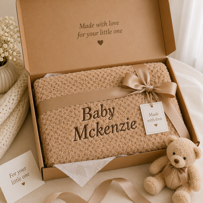A personalized baby blanket in a textured tan knit, presented inside a brown cardboard gift box with a satin ribbon and bow. The blanket is personalized with the name 'Baby McKenzie' in dark brown embroidery.