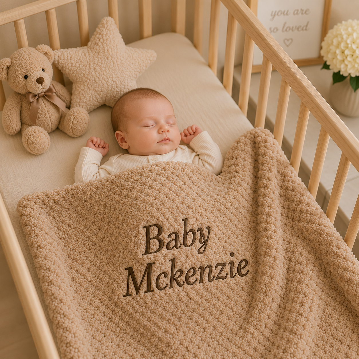 A sleeping newborn baby in a wooden crib, covered with a textured beige blanket personalized with the name 'Baby McKenzie' in dark brown embroidery. A plush teddy bear and a star-shaped pillow rest beside the baby.