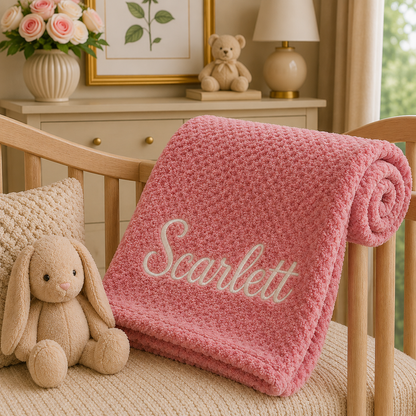 A pink textured blanket with the name 'Scarlett' embroidered in white script, draped over a wooden baby crib next to a plush bunny toy in a styled nursery setting.