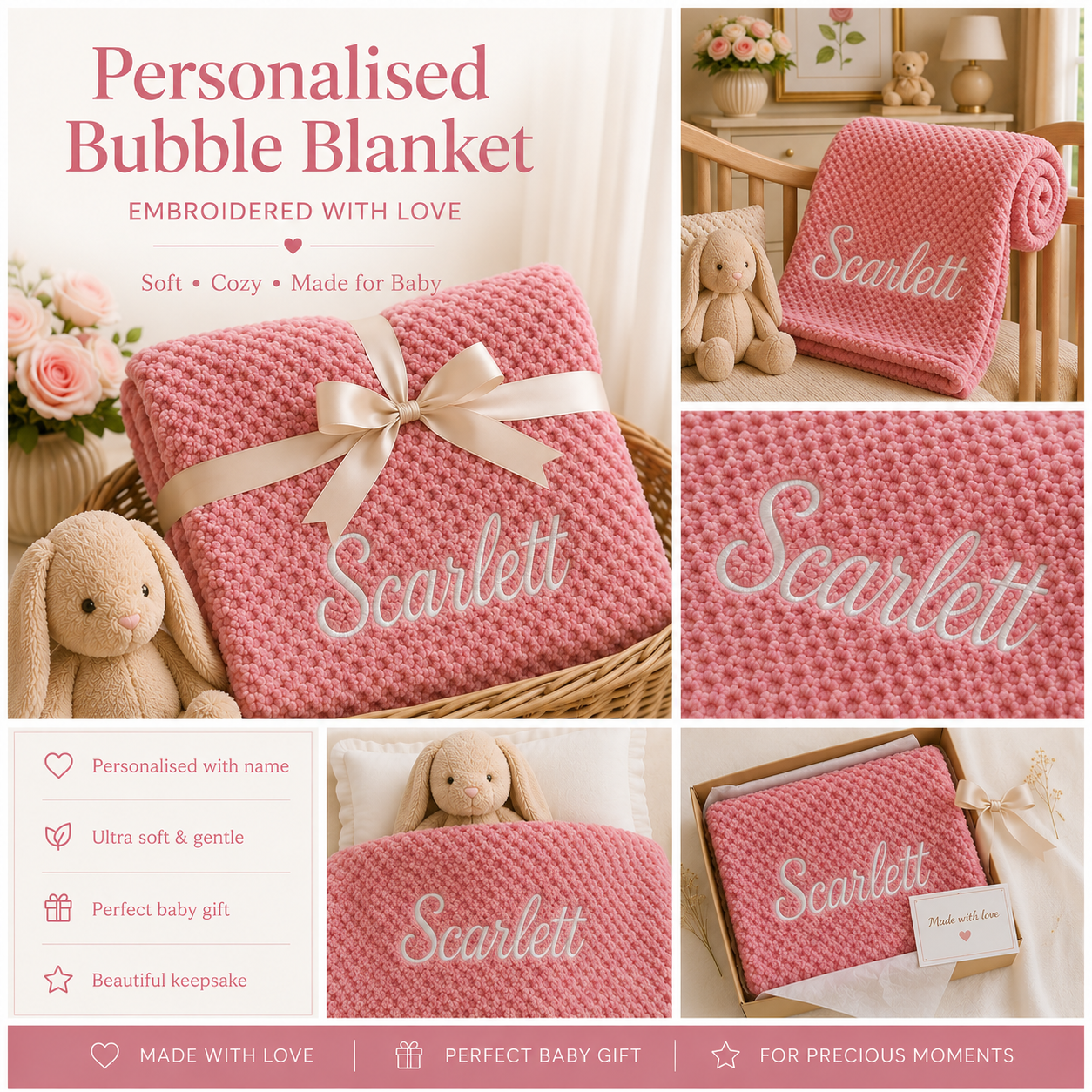 A collage showing a pink textured bubble blanket with white embroidered name 'Scarlett' and a cream ribbon, presented as a personalized baby gift. The collage includes the product wrapped in a basket, rolled on a crib, close-up fabric detail, and an open gift box with a card.