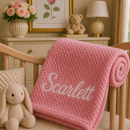 Pink blanket with 'Scarlett' embroidered on it in a nursery setting.