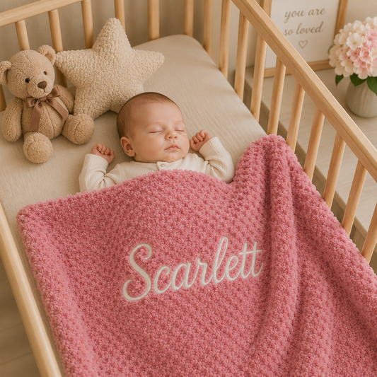 A sleeping baby in a wooden crib wrapped in a pink textured blanket with the name 'Scarlett' embroidered in white script. A beige teddy bear and star pillow sit beside the baby, with a soft floral corner in the background.
