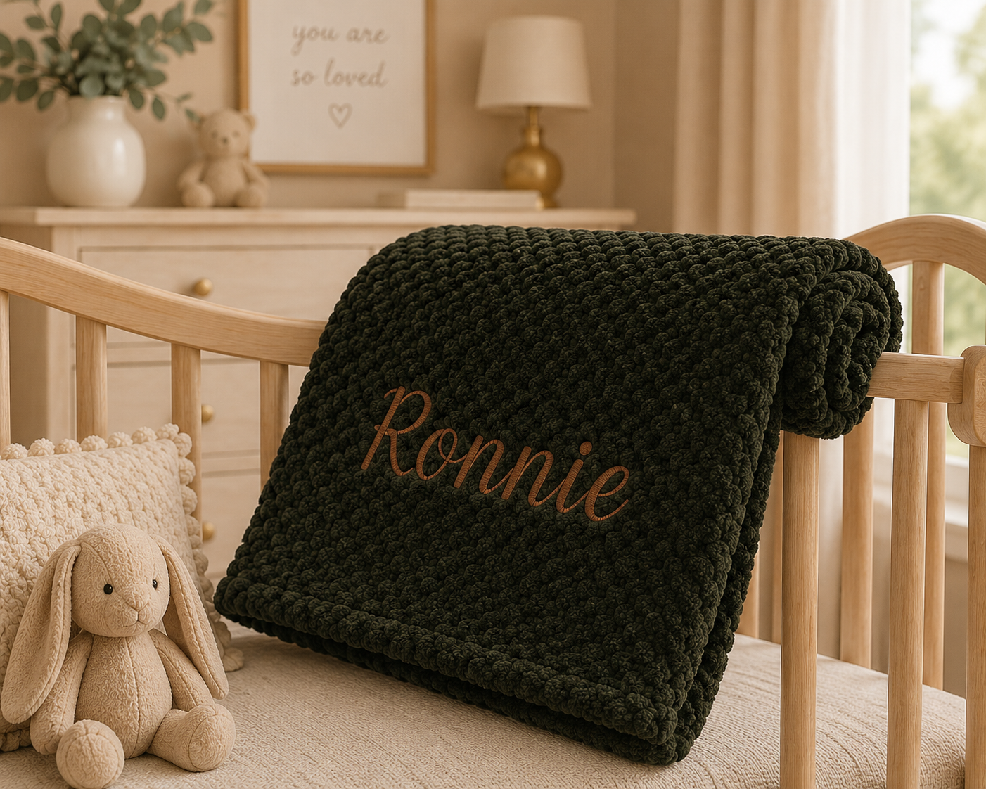 A dark forest green baby blanket with the name 'Ronnie' embroidered in brown cursive, draped over a light wood crib in a cozy nursery setting.