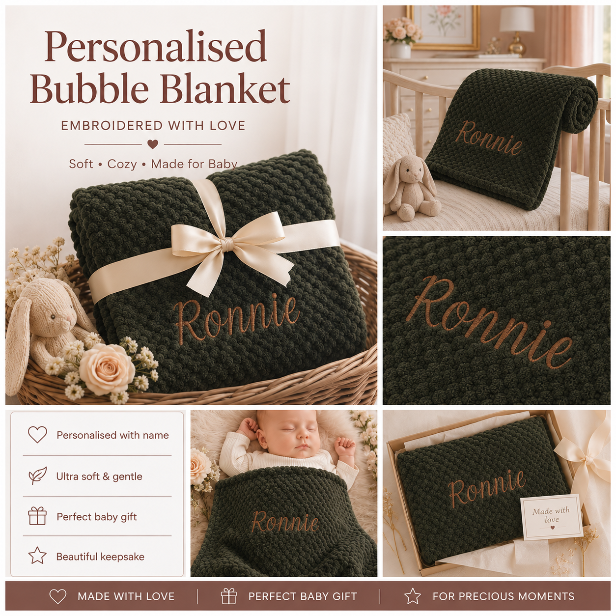 A collage showing a dark green knitted personalized bubble blanket with a cream ribbon and embroidered name 'Ronnie'. The image includes product text, close-up views of the blanket, a baby wearing the blanket, and a gift box presentation.