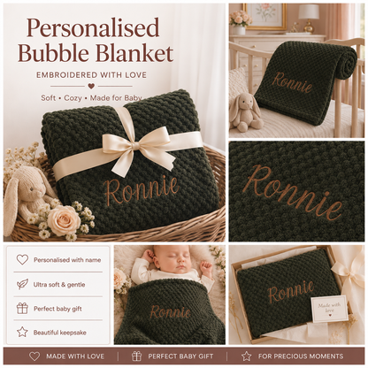 A collage showing a dark green knitted personalized bubble blanket with a cream ribbon and embroidered name 'Ronnie'. The image includes product text, close-up views of the blanket, a baby wearing the blanket, and a gift box presentation.