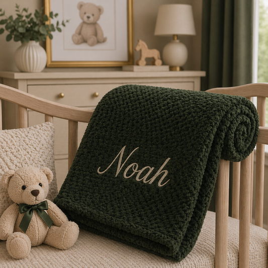 Green blanket with 'Noah' embroidered on it in a nursery setting with a teddy bear and lamp.