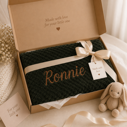 A personalized dark green blanket with the name 'Ronnie' in gold embroidery, presented in a kraft gift box with a cream ribbon and bow. The box lid is printed with 'Made with love for your little one', and the scene is styled with a plush bunny toy, cream ribbons, and a small card.