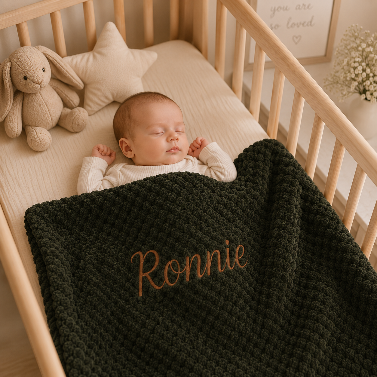A sleeping newborn baby in a wooden crib, covered with a dark forest green textured blanket personalized with the name 'Ronnie' in brown embroidery. A beige bunny plush toy and a star pillow rest beside the baby.