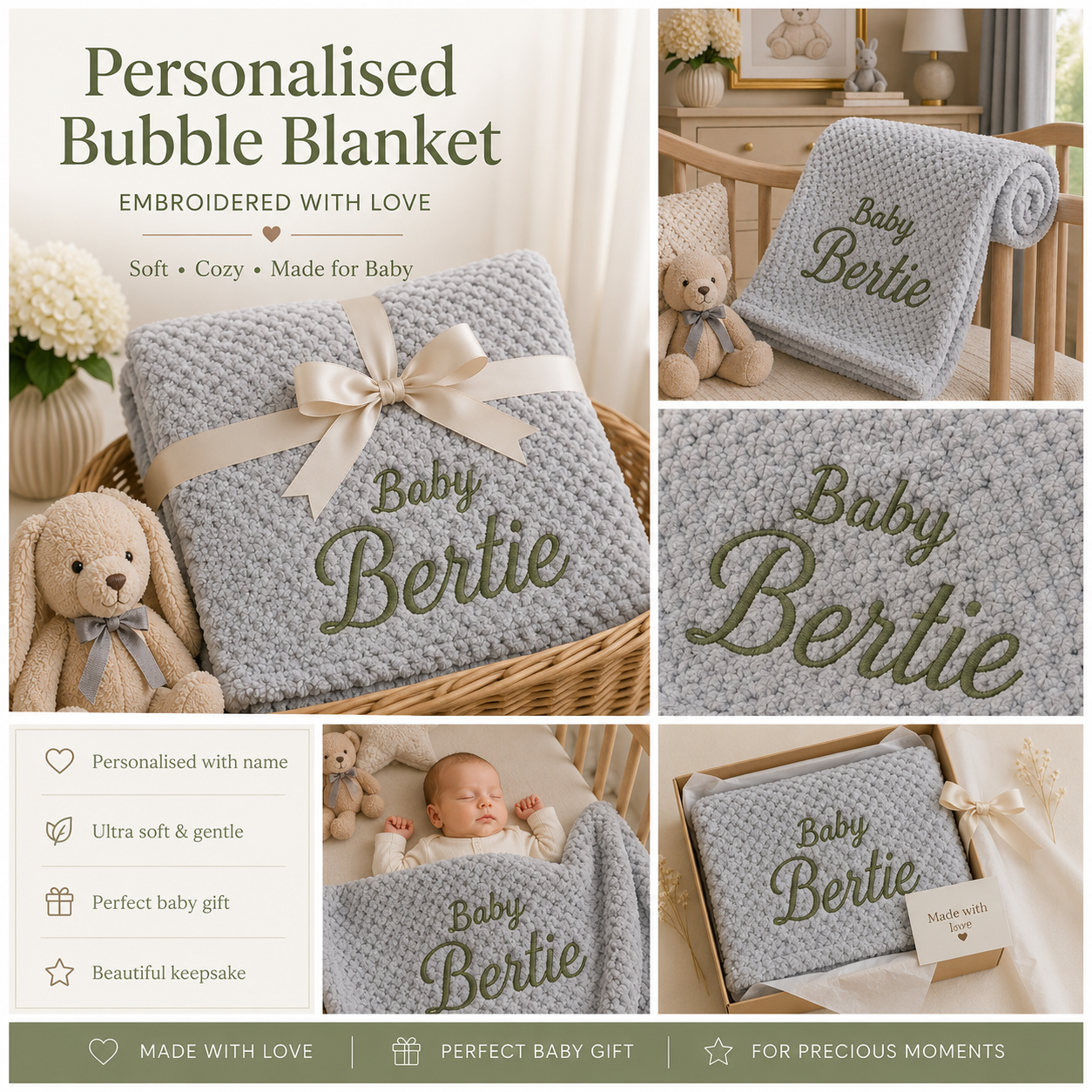 Personalized bubble blanket set in a soft light gray textured fabric with olive green embroidered text reading 'Baby Bertie' and a cream ribbon bow. The collage shows the blanket styled in a crib, wrapped in a basket, and in an open gift box, with a baby and teddy bear in the background.