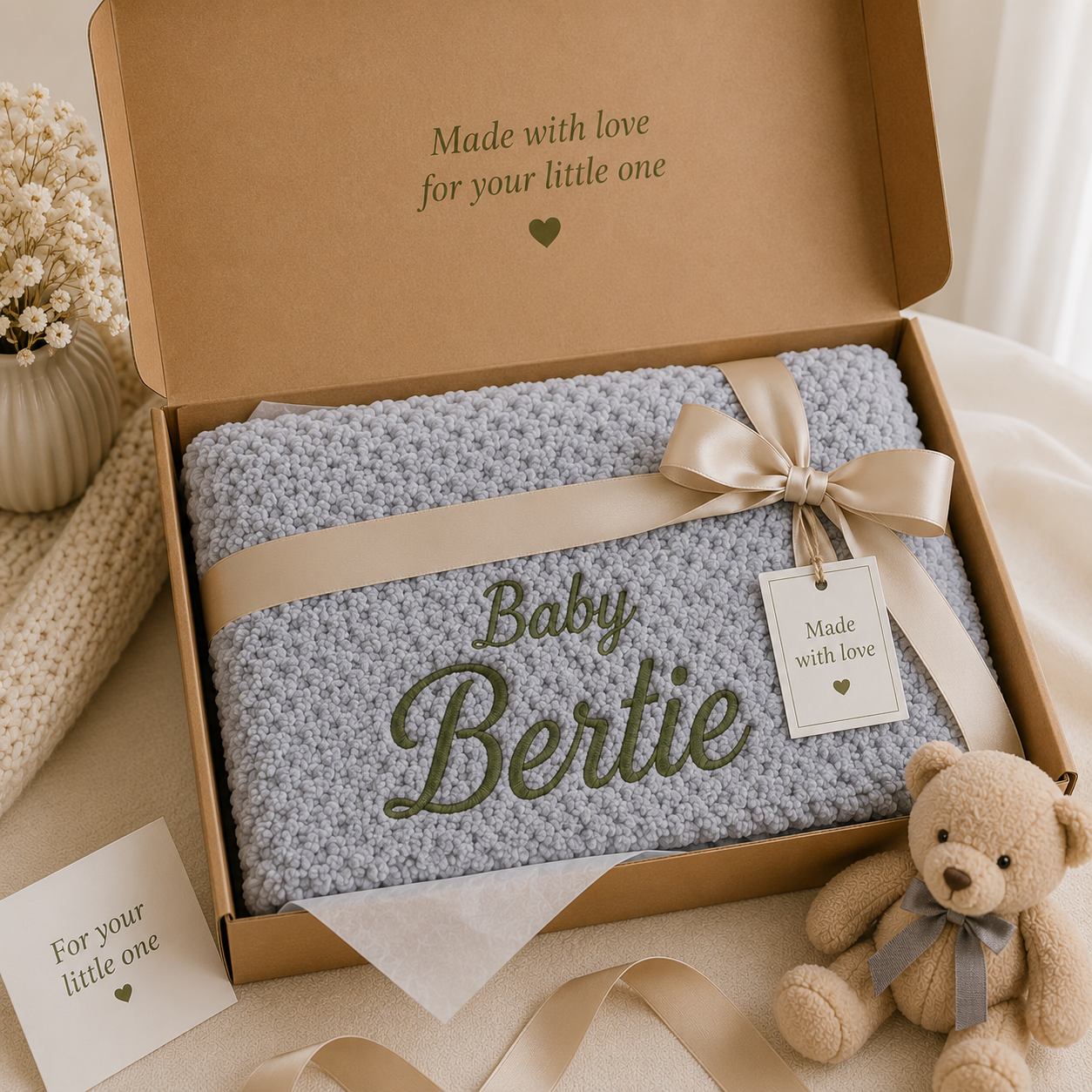 A light blue crocheted baby blanket with 'Baby Bertie' embroidered in olive green, presented in an open kraft gift box with a beige ribbon and bow. A small teddy bear and decorative flowers are placed around it on a soft cream surface.