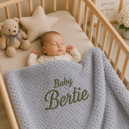 A sleeping newborn baby in a wooden crib, covered with a light blue textured blanket embroidered with 'Baby Bertie' in olive green. A beige teddy bear and star pillow are beside the baby.