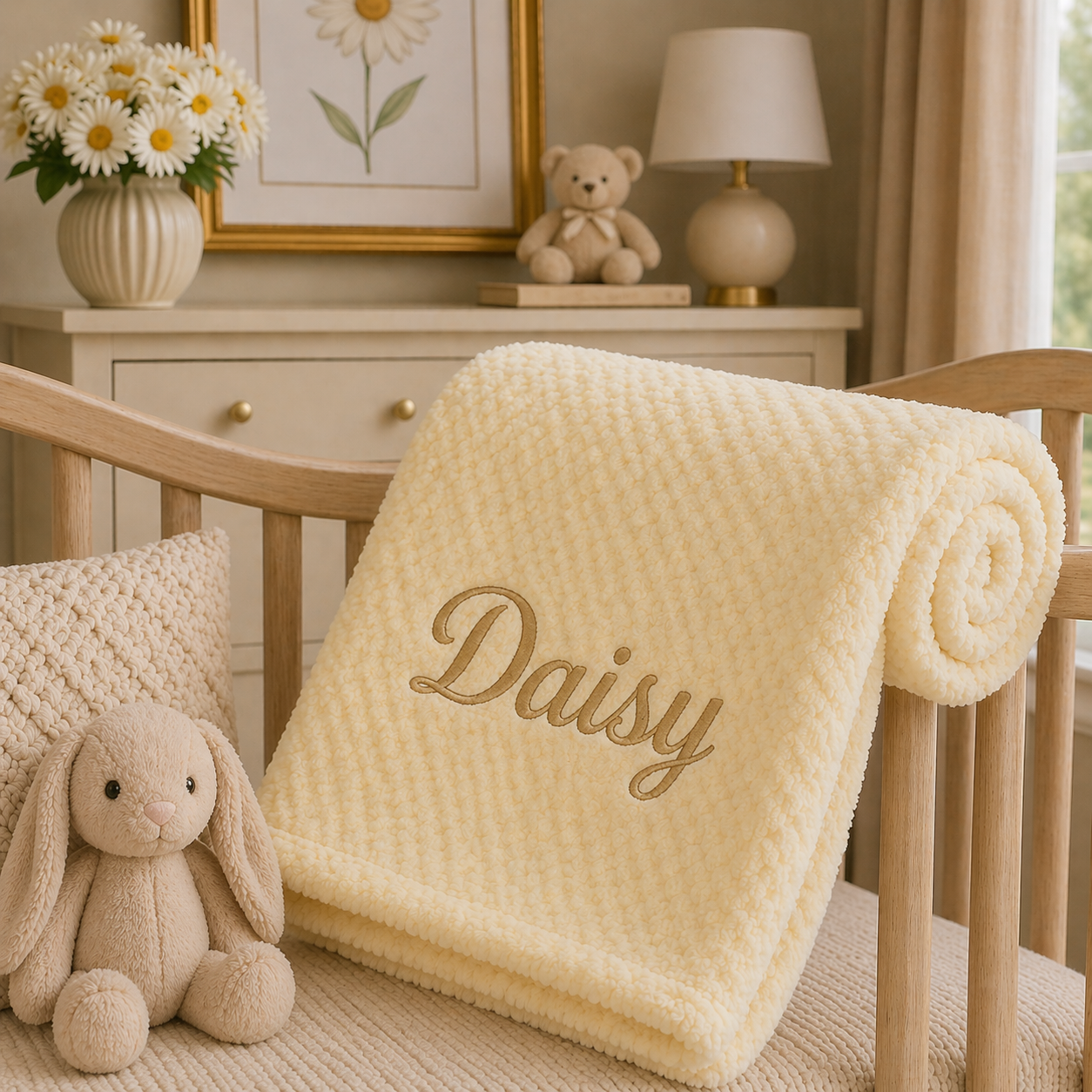 Nursery with a beige blanket labeled 'Daisy', teddy bear, and bunny toy on a wooden crib.