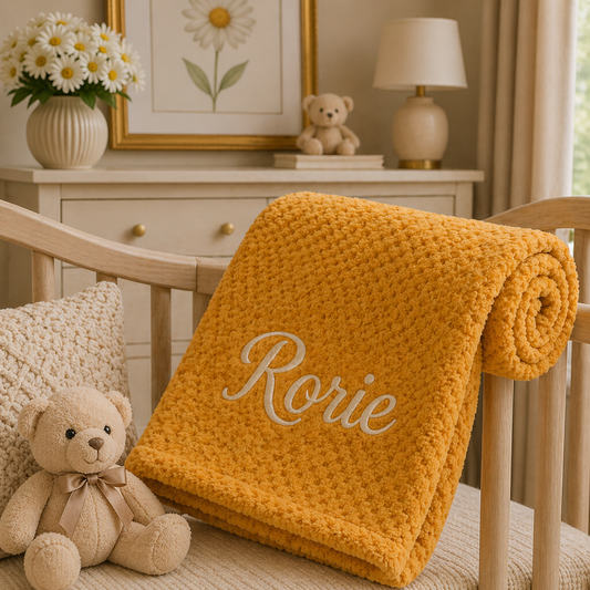 Yellow blanket with 'Rorie' embroidered on a chair in a cozy room.