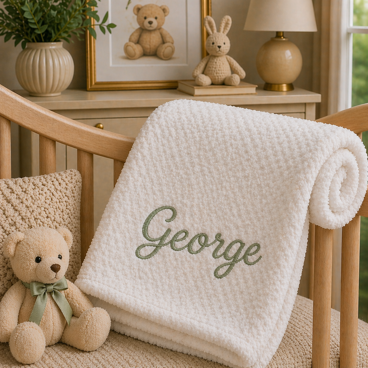 White blanket with 'George' embroidered, teddy bear, and rabbit toy in a nursery setting.