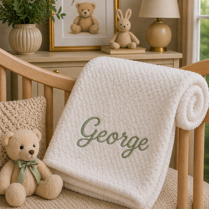 White blanket with 'George' embroidered, teddy bear, and rabbit toy in a nursery setting.