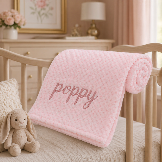 Pink blanket with 'poppy' embroidery on a crib in a nursery setting