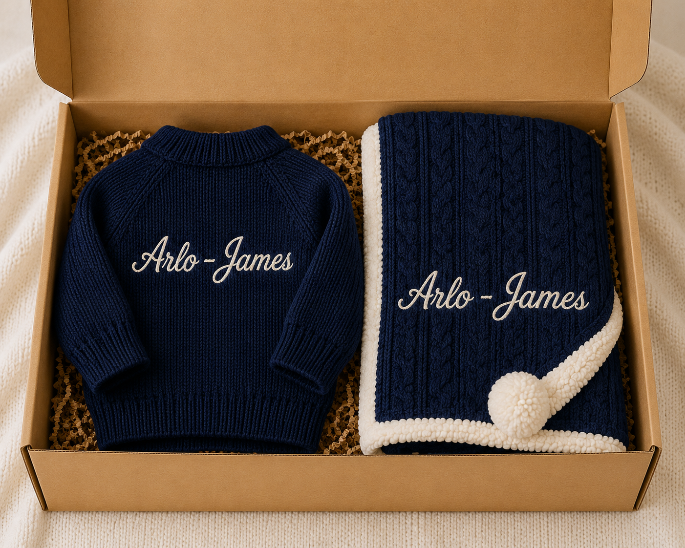 Navy sweater and blanket set with 'Arlo-James' embroidery in a cardboard box.