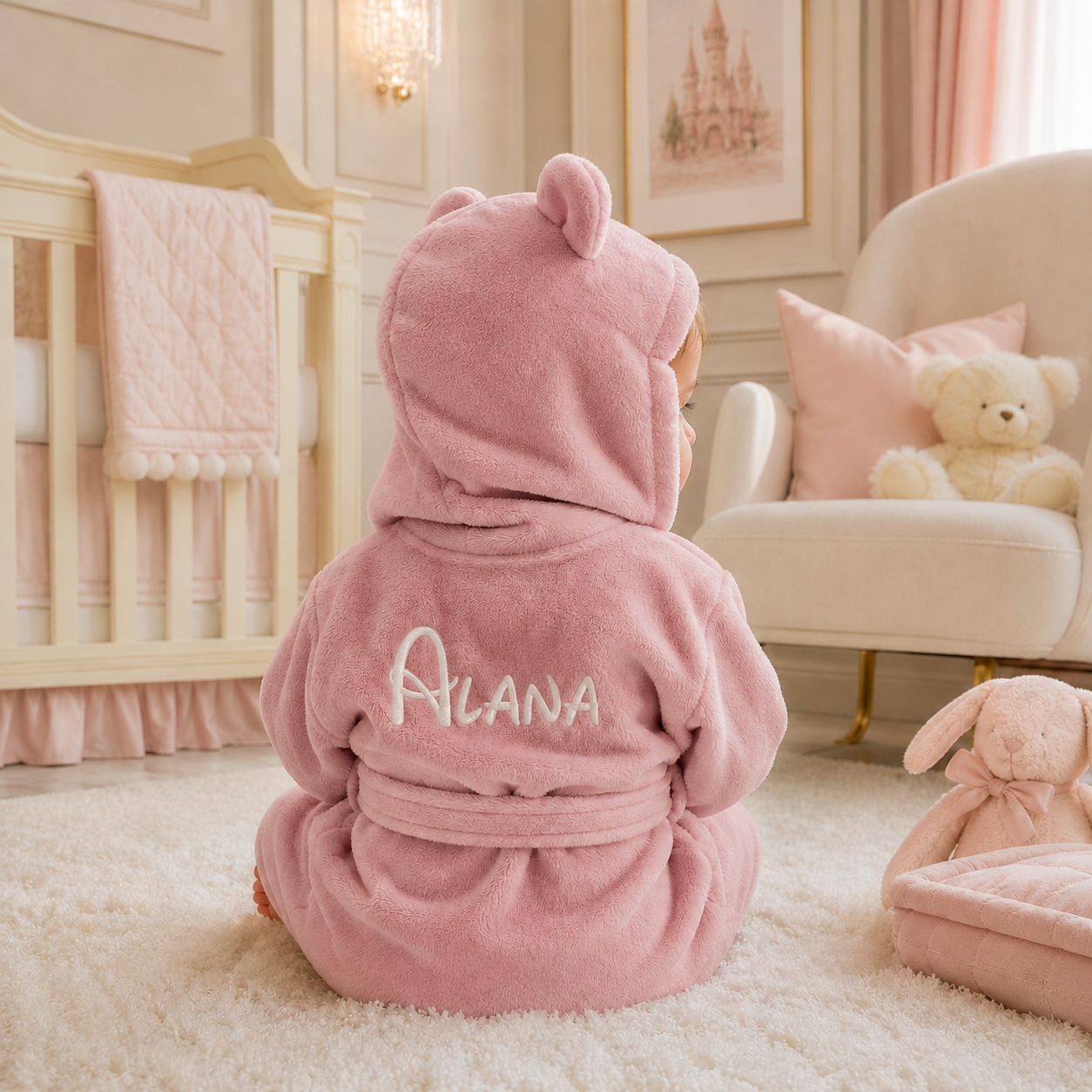 Child wearing a pink robe with 'Alana' embroidered on it in a nursery setting.