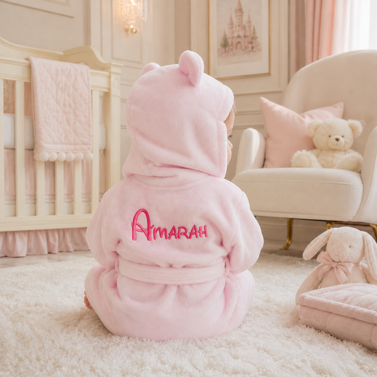 Pink robe with 'Amarah' embroidered on it in a nursery setting