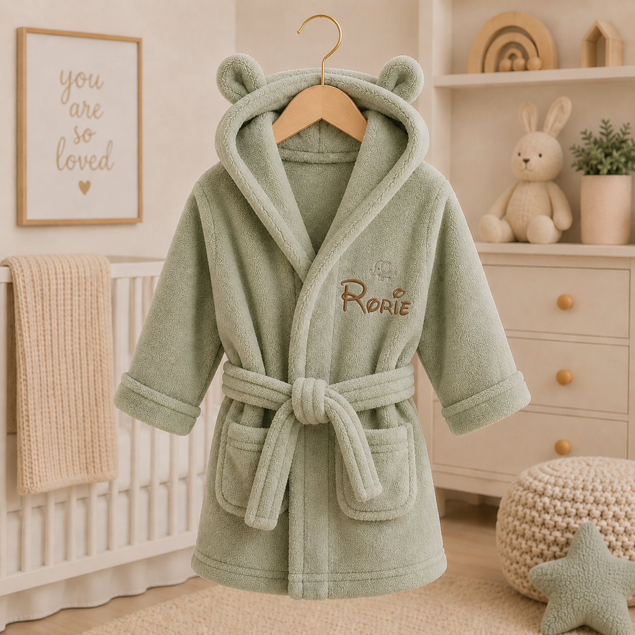 Green children's robe with bear ears hanging on a hook in a nursery.