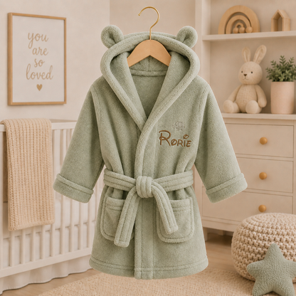 Green children's robe with bear ears hanging on a hook in a nursery.