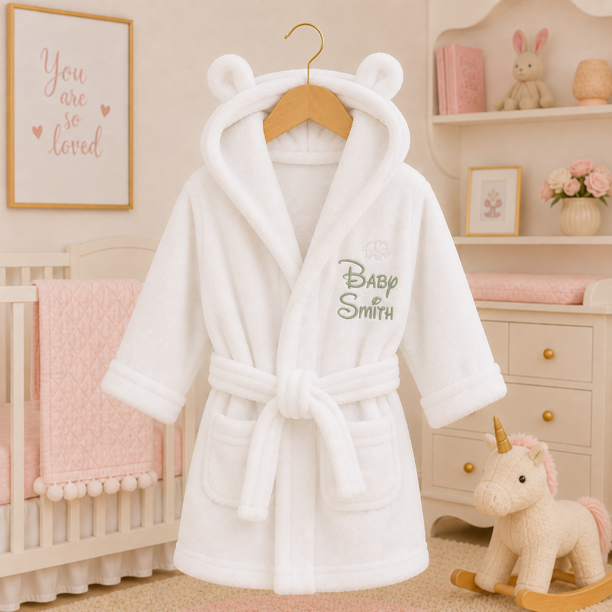 White children's robe with bear ears on a hanger in a nursery setting
