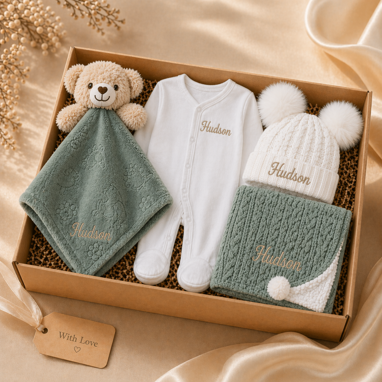 Baby gift set with teddy bear, onesie, hat, and blanket in a box on a beige background.