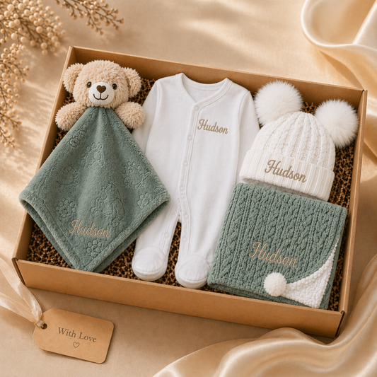Baby gift set with teddy bear, onesie, hat, and blanket in a box on a beige background.