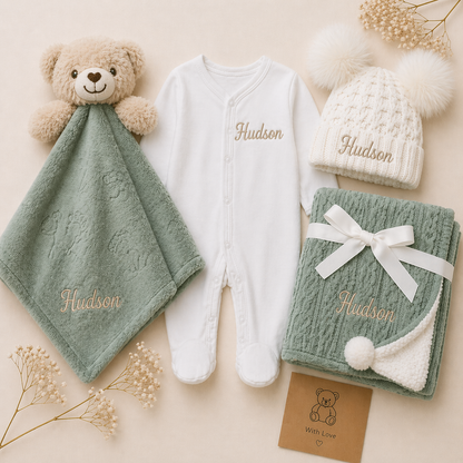 Baby clothing and accessories set with 'Hudson' embroidered on a neutral background