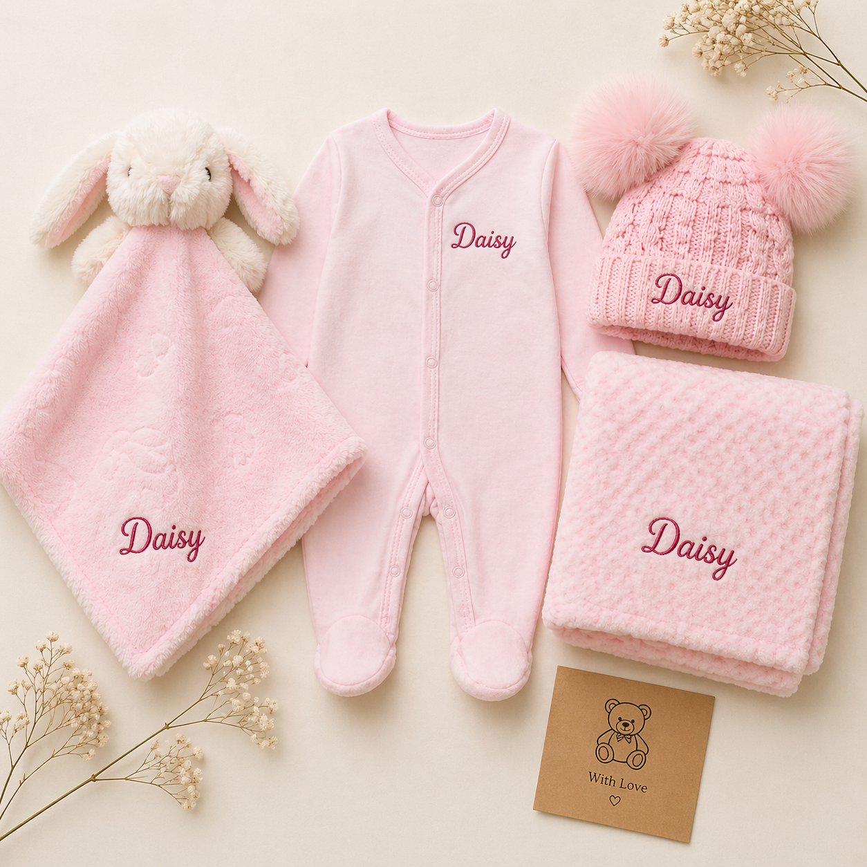 Pink baby outfit with 'Daisy' embroidered on various items, including a onesie, hat, blanket, and comfort blanket, on a light background.