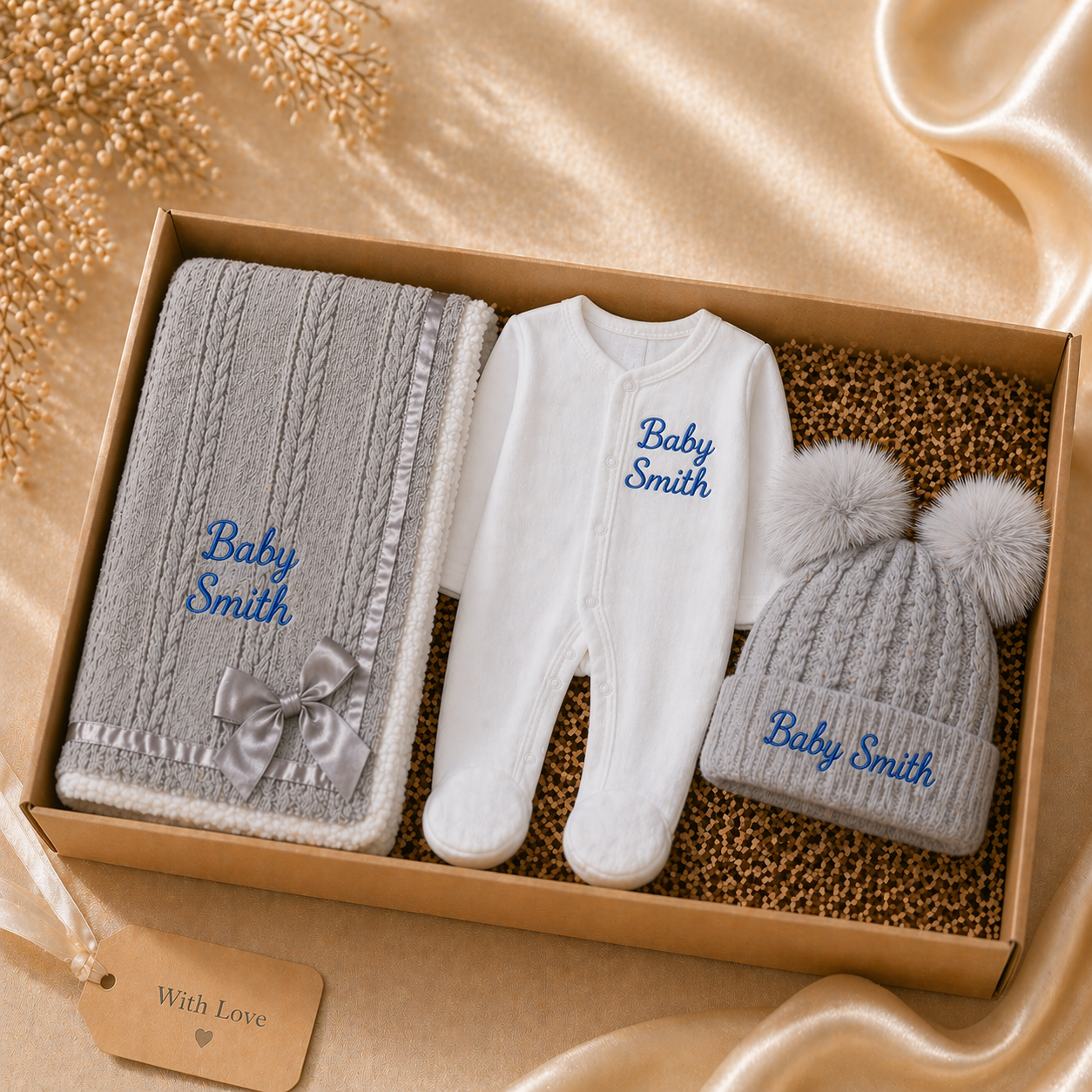Baby gift set with blanket, romper, and hat in a box on a soft fabric background