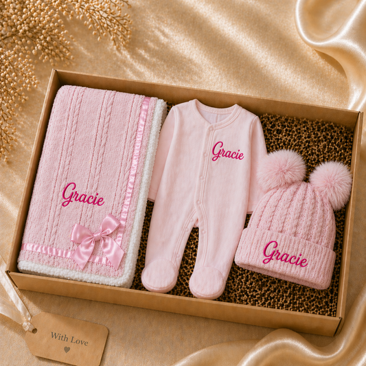 Baby gift set with pink blanket, romper, and hat in a box, featuring the name 'Gracie'.