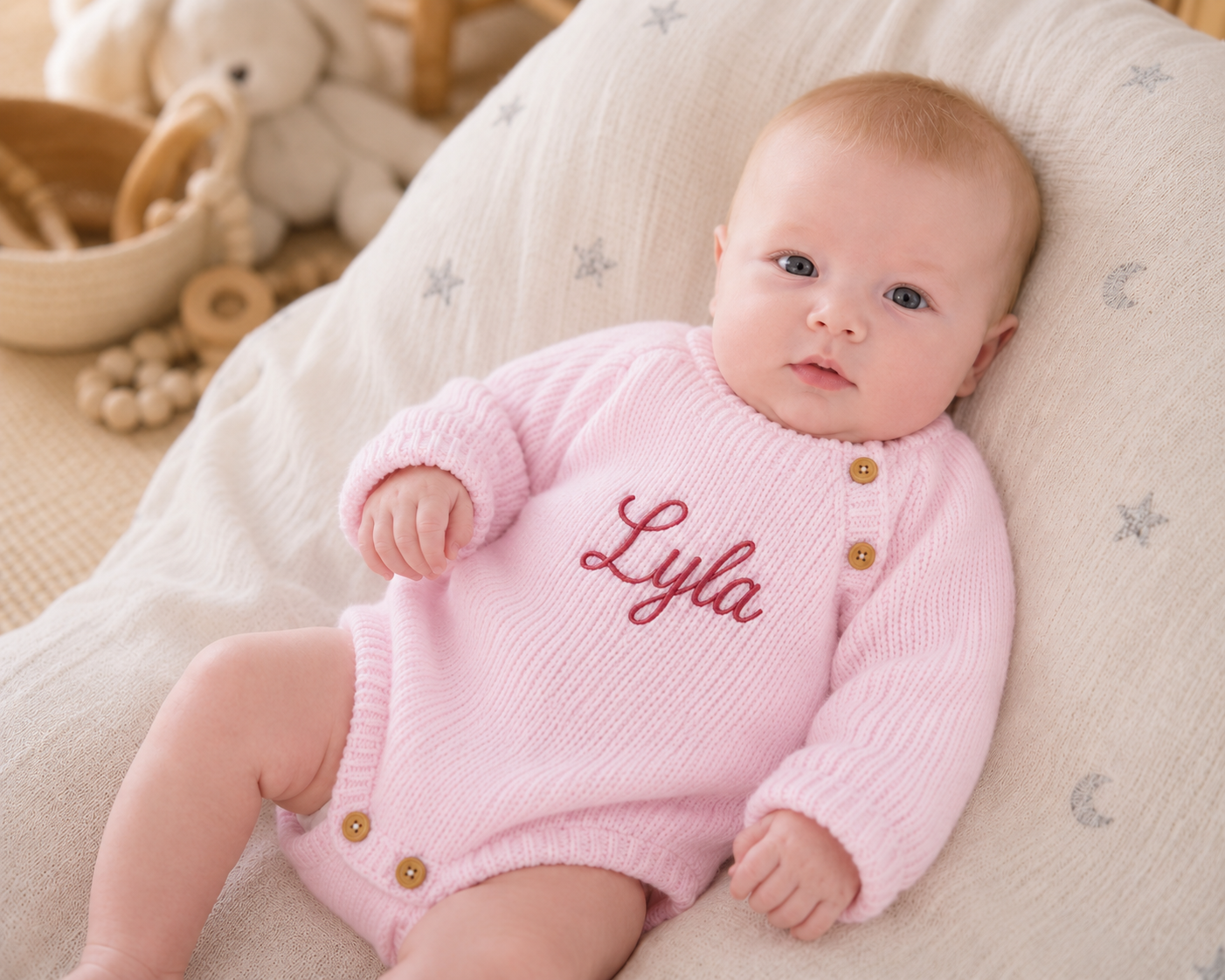 Personalised pink knitted baby girl romper with name Lyla embroidered on the front